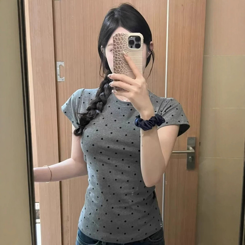 Gray Polka Dot Short-Sleeve T-Shirt for Women, Summer New Versatile Design, Niche Slim-Fit Spicy Girl Short Top for Women Gray Polka Dot Short-Sleeve T-Shirt for Women, Summer New Versatile Design, Niche Slim-Fit Spicy Girl Short Top for Women