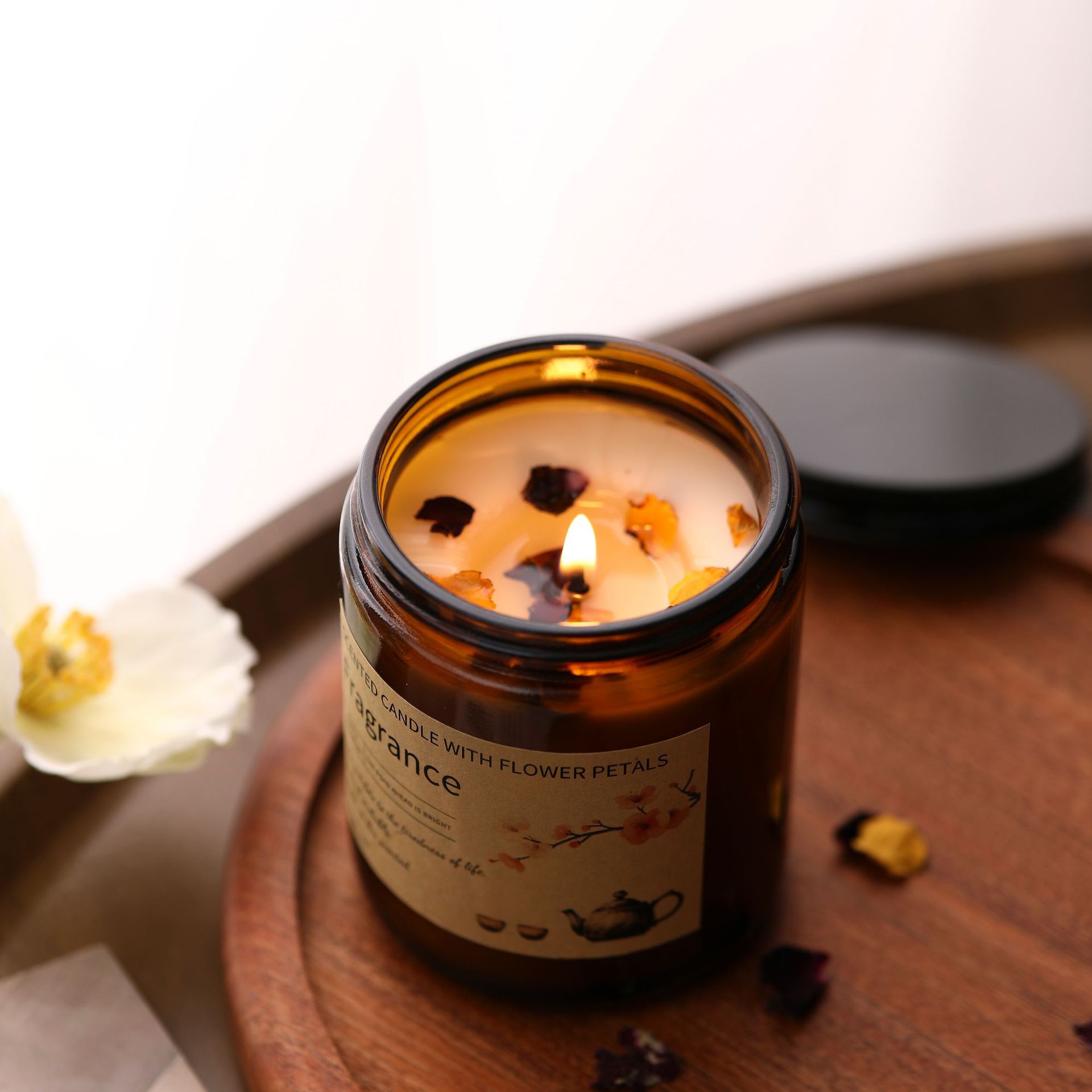 pétalos botella marrón taza de cera de banana cera de soja al por mayor plantas caseras cera de soja aceites esenciales ahumantes fragancia vela regalo de mano