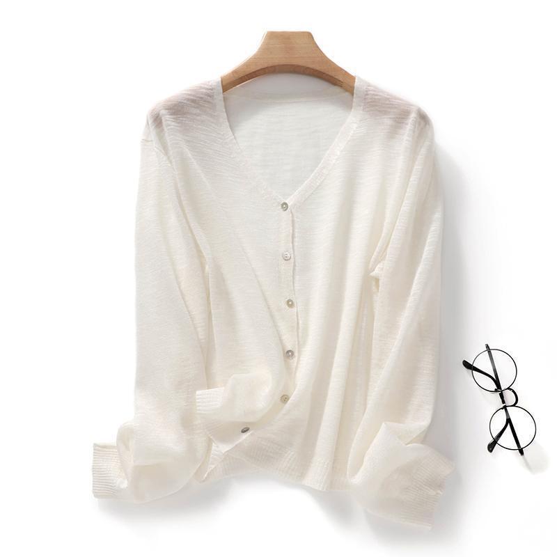 [Cashmere Family] Women's Ice Silk Knitted Cardigan Long Sleeve Solid Color Thin Loose V-Neck Sun Protection Air Conditioning Shirt