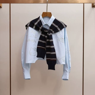 深圳南油高端女装春季新款韩系学院风针织披肩烫钻不规则衬衫上衣