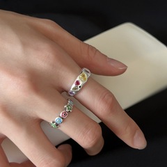 彩虹滴釉花朵戒指女精緻輕奢炫彩愛心鋯石S925銀開口指環食指戒潮