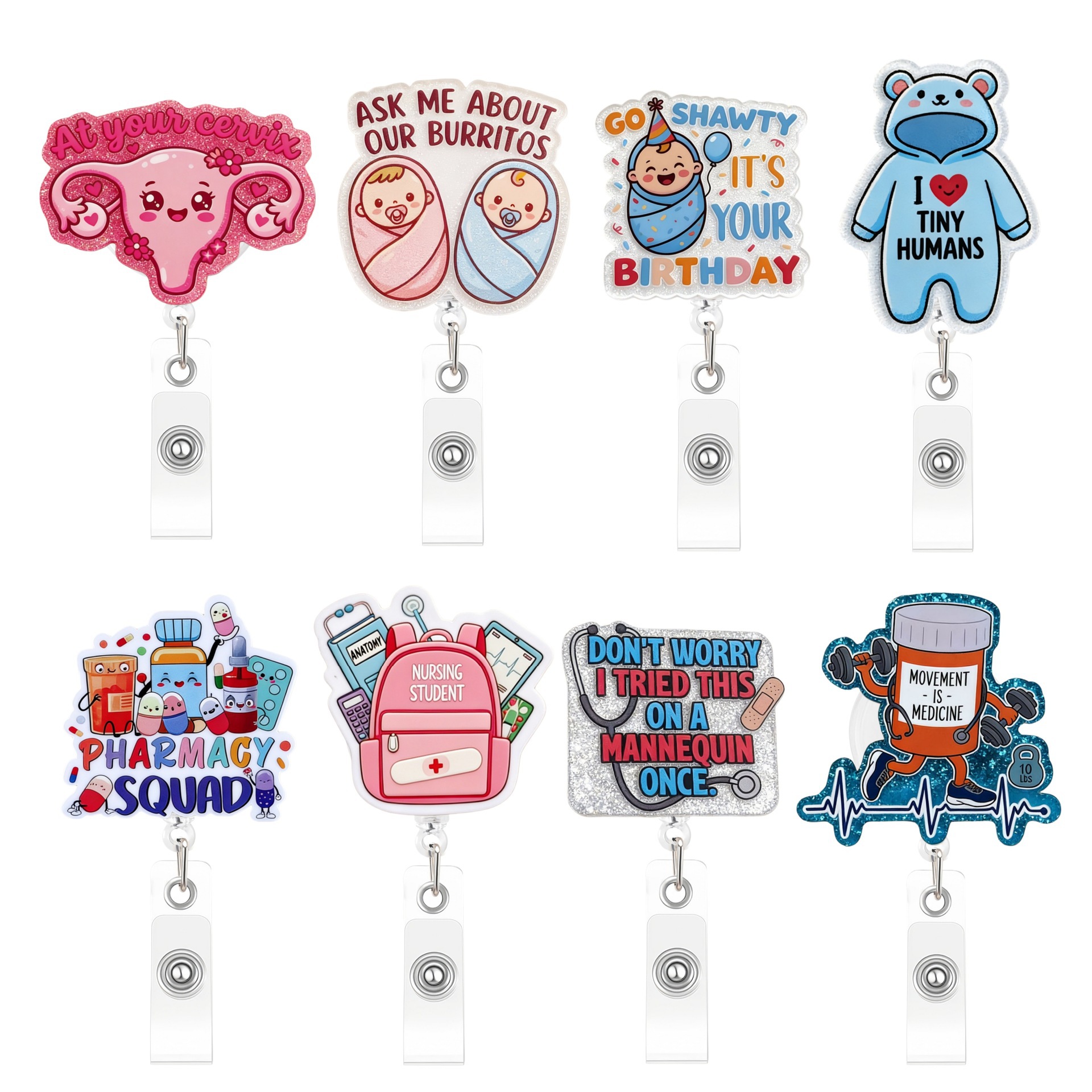 Acrílico transfronterizo creativo médico retráctil fácil de tirar de la insignia madre y bebé colgante divertido polvo flash clip de certificado