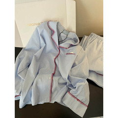 韩系甜美蓝色条纹睡衣女春秋款新款大码亲肤长袖长裤家居服两件套