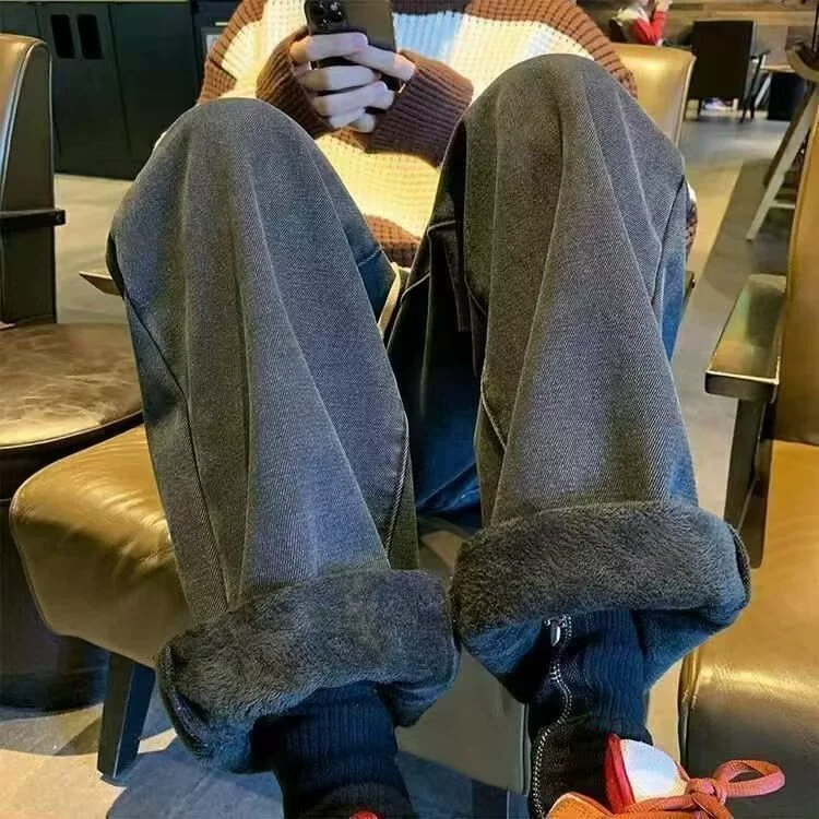 High Street Ретро бархатные толстые джинсы мужские зимние 2024 новые эластичный талия прямые свободные теплые широкие брюки