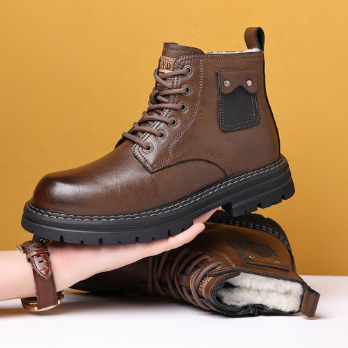 Autumn and winter suede men's shoes, non-slip leather shoes, men's genuine leather casual Martin boots, fur integrated thick warm cotton shoes