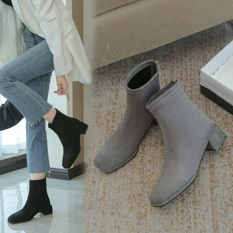 Короткие тонкие эластичные сапоги во французском стиле, женские сапоги в западном стиле, маленькие сапоги средней длины в Корейском стиле, женские короткие сапоги с квадратным носком для женщин