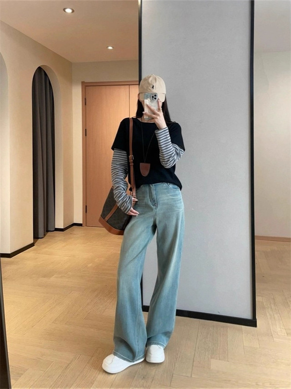 俏皮减龄假两件条纹长袖拼接棉感软糯磨毛圆领T恤女2025秋打底衫|undefined