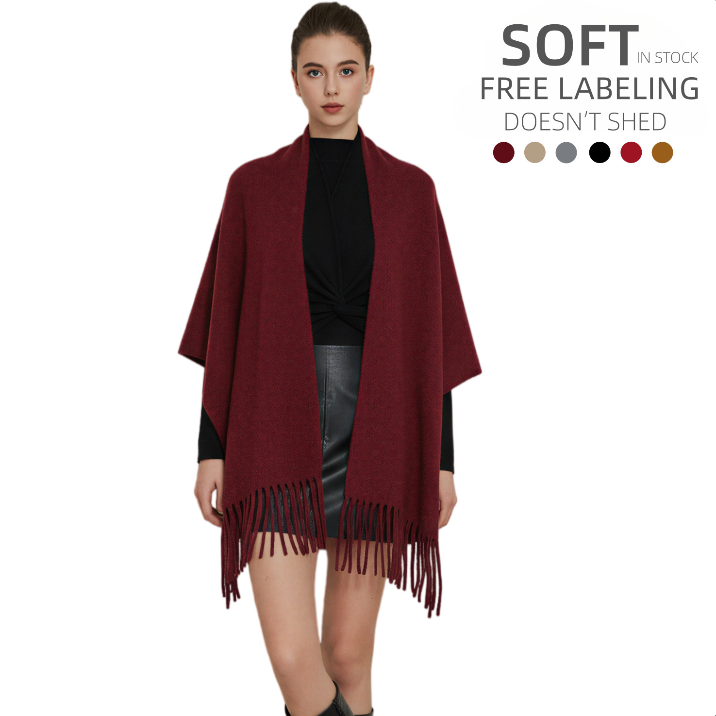 Foreign Trade Solid Color Tassel Shawl Coat with Faux Cashmere Texture, Mid-Length Outerwear, Cross-Border Amazon Bestseller, in Stock