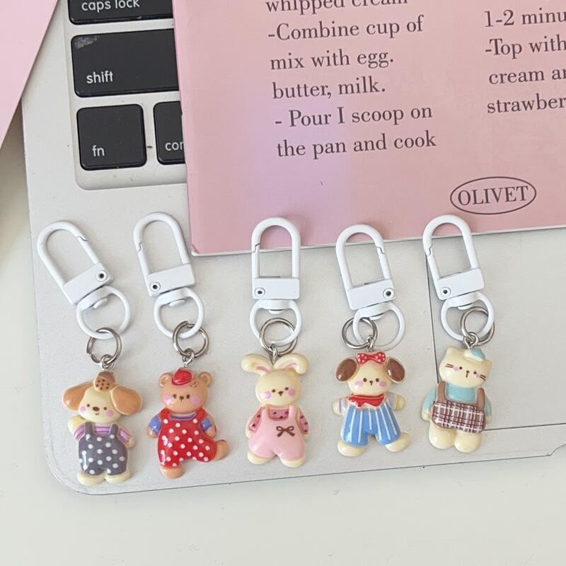 Cartoon Polka Dot Bear Animal Keychain Cute Bunny Cat Pendant Retro Backpack Accessory Decoration