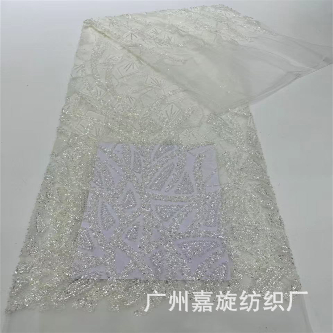 Geometría irregular tubo largo pequeño lenteja tela de encaje cuentas de clavado tela bordada vestido de boda cheongsam tela de moda