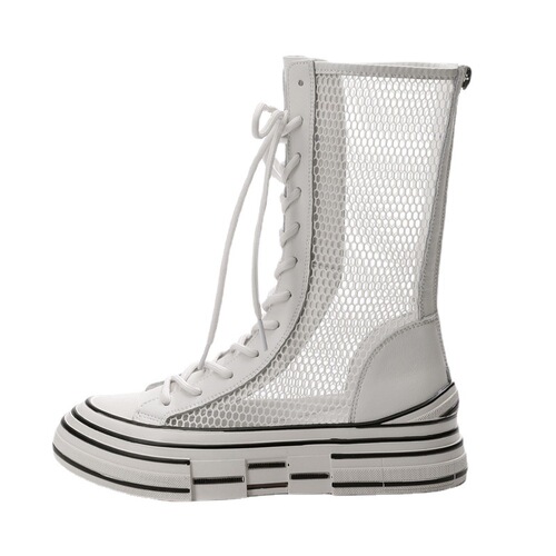 Women's Genuine Leather Mesh Boots  New Summer Thin Mid-Calf Martin Boots Fashionable and Versatile White Hollowed-Out Sandals