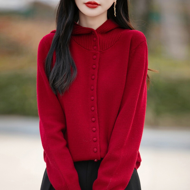 Wholesale 25 New Spring Styles Andy Velvet Hooded Knit Cardigan with Covered Buttons, Solid Color, Loose Fit, Versatile Top Jacket for Export