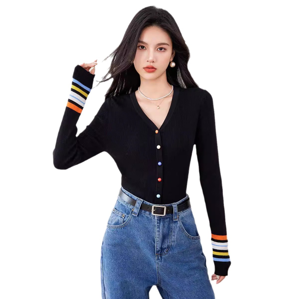 2025年秋 韓国風 スリムフィット 若見え バイカラー ボタン付き 万能ニットインナー レディース 着痩せトップス タイダイ染め