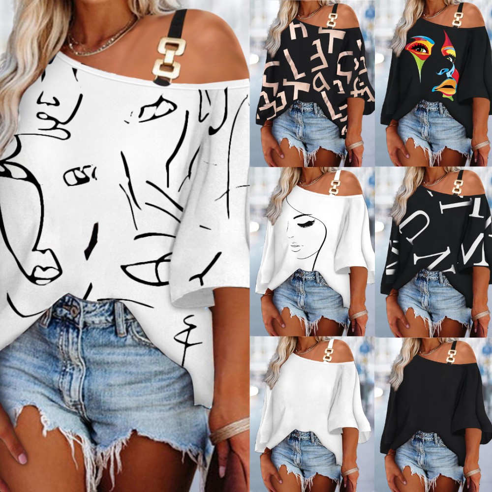 2023 nuevo Amazon estación independiente otoño europeo y americano moda costura suelta casual Top mujer camiseta impresa image 1