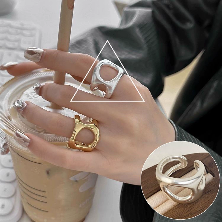 retro fashionable geometric ring hip-hop style, silver 925 sample, on index finger