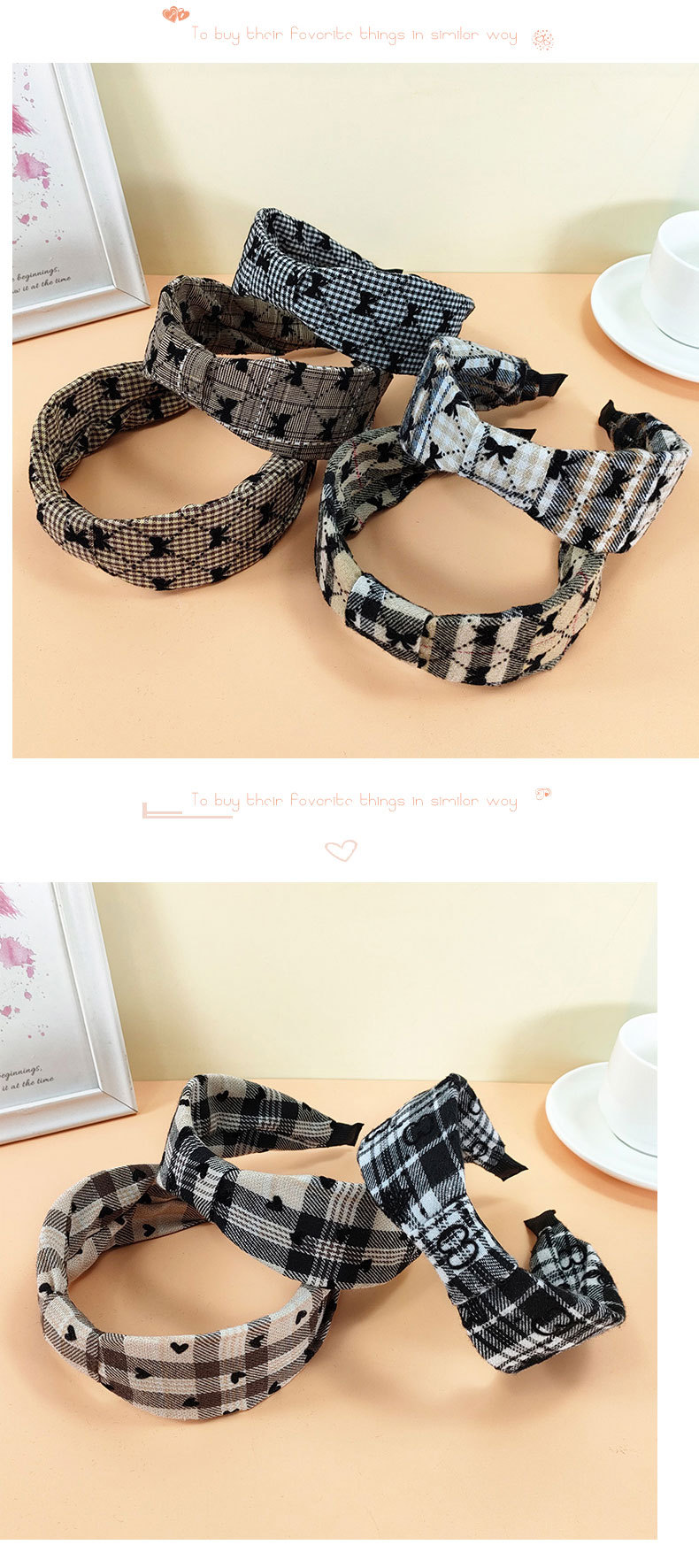 South Korea Ins Headband Fabric Wide-sided Love Hairpin Bow Suede Plaid Hair Accessories display picture 2