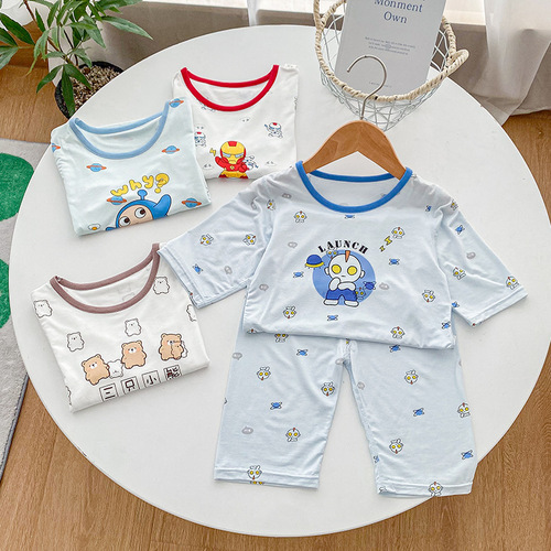 Anmeiya children's summer air-conditioned clothing micro-commerce hot product boys and girls Tencel three-quarter sleeve home clothing manufacturer wholesale