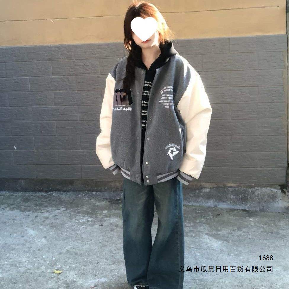 美式高街潮牌印花毛巾春秋棒球服外套复古男女学生宽松街头夹克棉