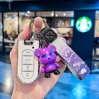 for Beilu Dafta Toyota: Car key bag - beilu-model-a-smart-4-buttons-single-shell-white-purple-violent-bear-pendant