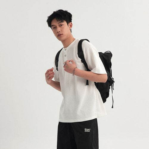 Summer Men's T-Shirt 250g Trendy Brand Fashion Loose Henley Collar Casual Short-Sleeve T-Shirt for Men