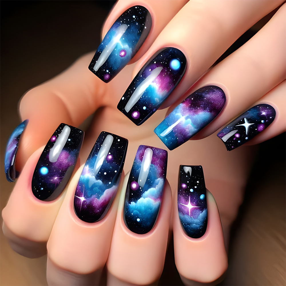 Red Hot Girl Starry 24 piezas de uñas falsas de ensueño, desgaste de uñas, parches de uñas de estrella trapezoidal largos image 1