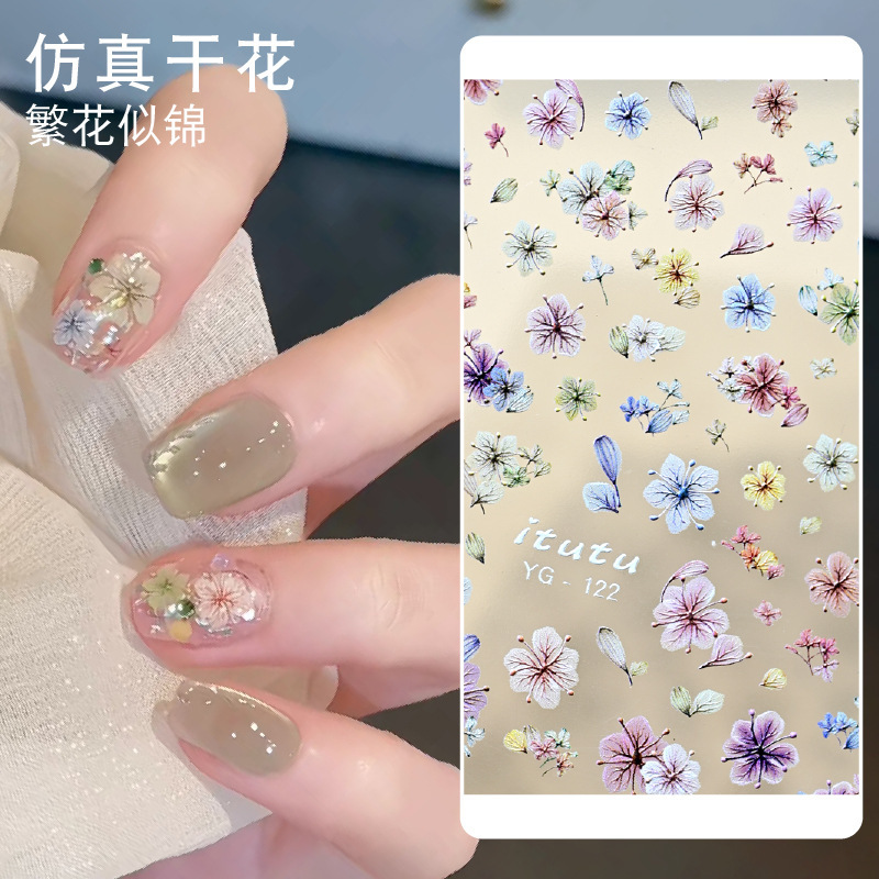 Nail Art Sticker Embossed Simulation Dried Flower Sticker Brocade Stereo Color Small Floral Nail Decal Decorations
