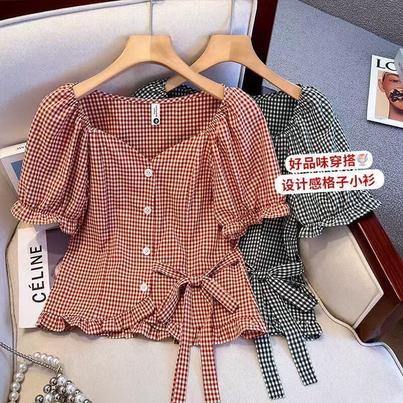 Korean-Style Sweet Puff-Sleeved Plaid Shirt for Women, New Summer Design, Lace-Up Slim-Fit Short Top Korean-Style Sweet Puff-Sleeved Plaid Shirt for Women, New Summer Design, Lace-Up Slim-Fit Short Top