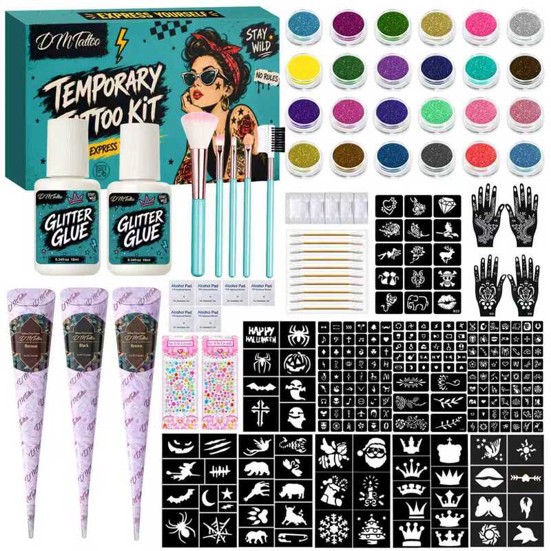 DM Tattoo Glitter Powder Set DIY Temporary Tattoo Hollow Template Tattoo Designs Waterproof Cross-Border