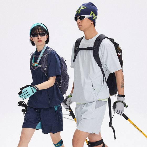 Japanese Style Outdoor Functional Wind-resistant Water-splashing Four-sided Elastic Stitching Sports Round Neck Short-sleeved Cool Breathable T-shirt for Men and Women
