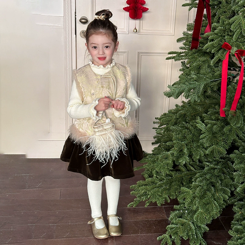 [Плюс] Девушка в китайском стиле атласный жаккард утолщенный жилет зимний ребенок новый китайский чонсам жилет новогодний костюм