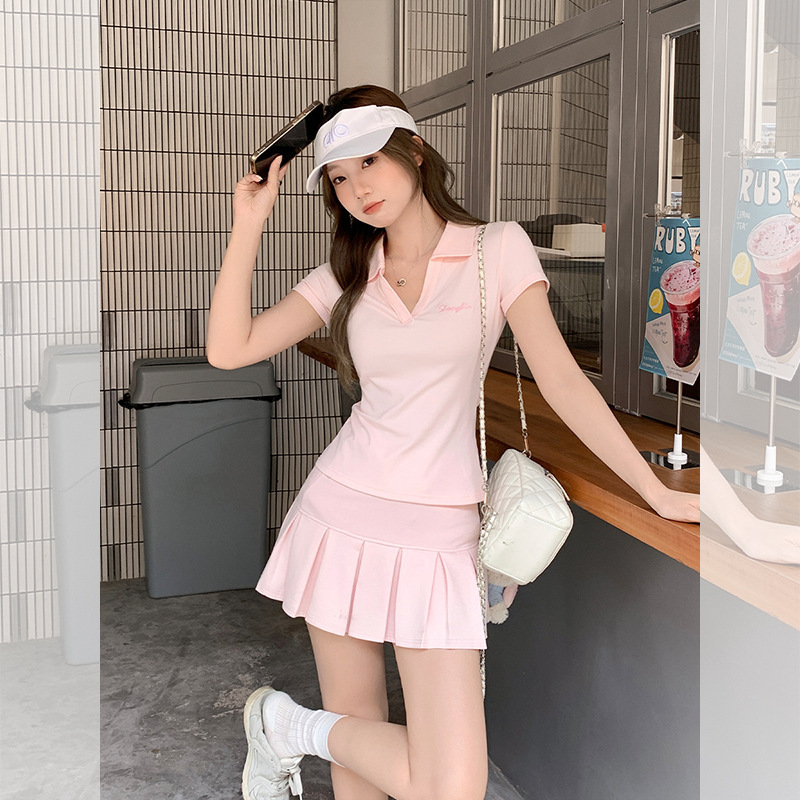 Pink Right-Shoulder Short-Sleeved Polo Shirt T-Shirt for Women Summer Slim Fit V Neck Top Pleated A-Line Skirt Pants Suit Pink Right-Shoulder Short-Sleeved Polo Shirt T-Shirt for Women Summer Slim Fit V Neck Top Pleated A-Line Skirt Pants Suit