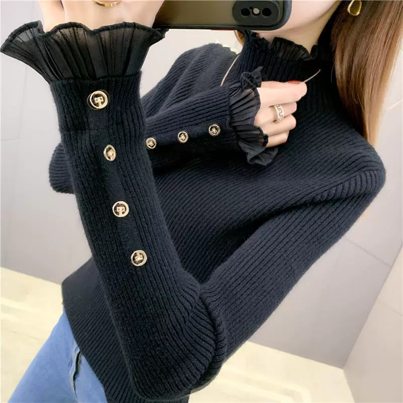 Бесплатная доставка 2023 Вязаный свитер с кружевными рукавами