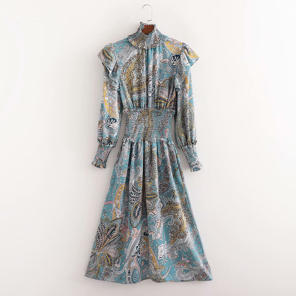 print stand collar lantern sleeve long dress NSAM39852