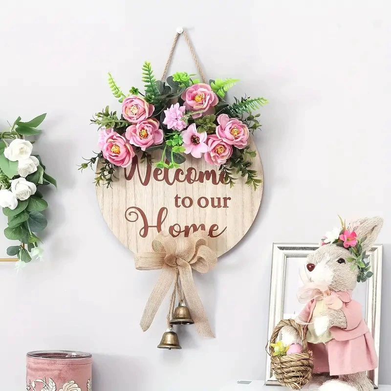 Трансграничные новые весенние розовые цветы логотип дома приветствуют welcome деревянные двери подвешены декоративные настенные украшения