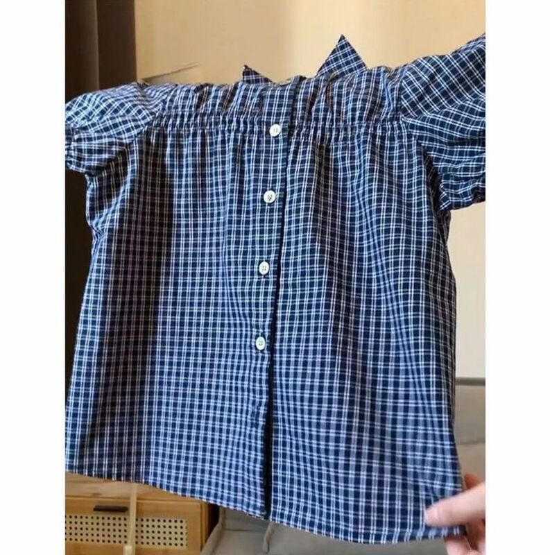 2026 New Blue Plaid Short-Sleeved Shirt Summer Retro Polo Collar Babydoll Shirt Short Puff-Sleeved Shirt Top