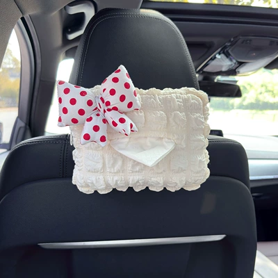 Holder for Car Armrest Box, Car tissue box/set - polka-dot-bow-white-red-dot-puff-tissue-box