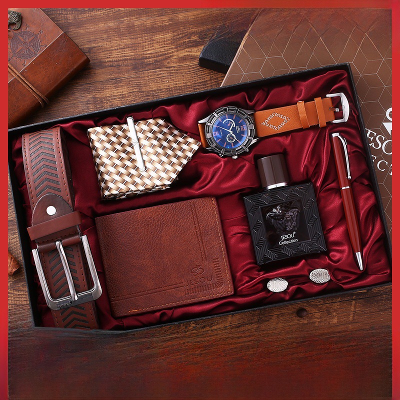 A06814精品礼品套装皮带+钱包+领带+香水+袖扣+皮带石英手表+笔