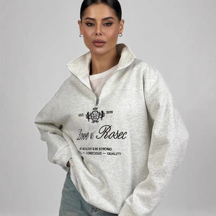 2025 autumn and winter European and American plus velvet padded niche half zipper sweater chic high-end letter printed top tide