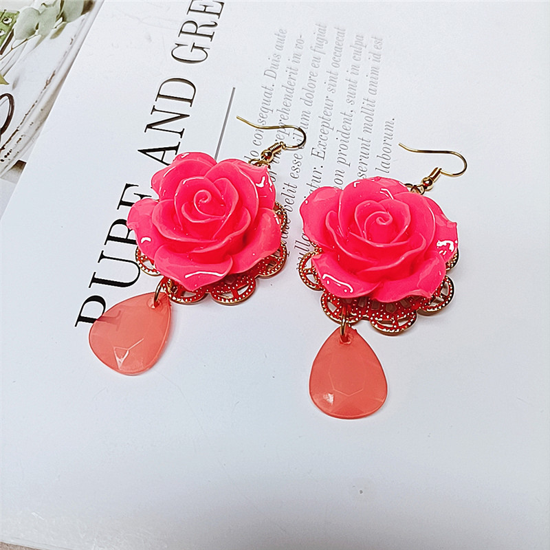 Wholesale Jewelry Red Rose Flower Ethnic Style Short Earrings Nihaojewelry display picture 3