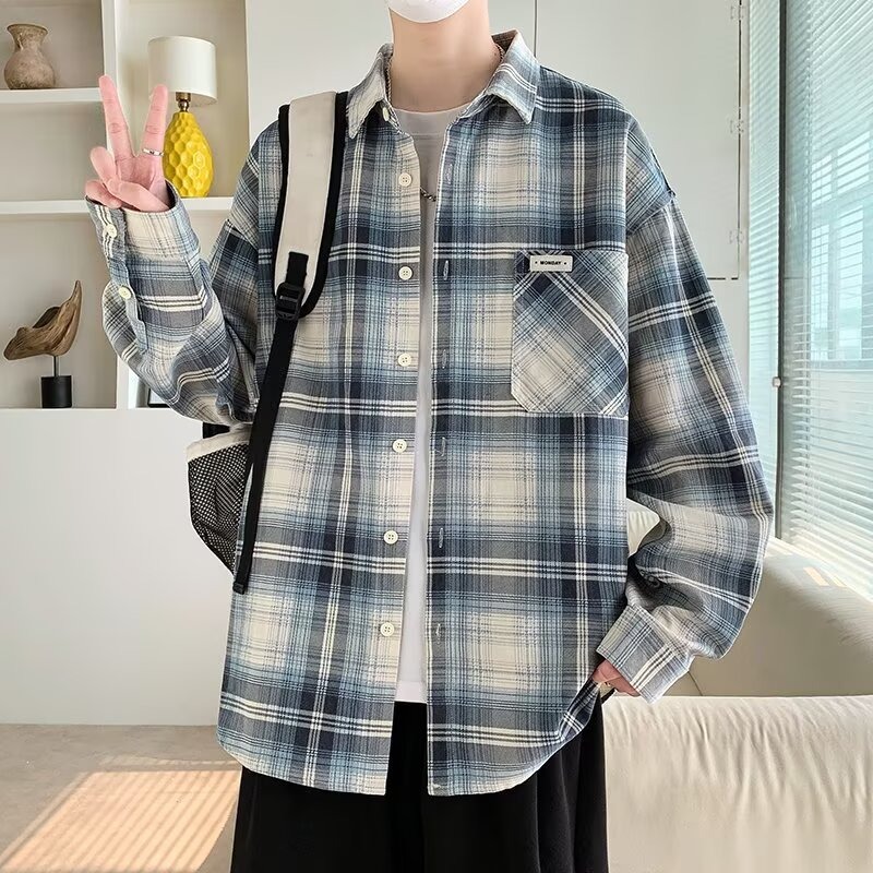 Long-Sleeved Shirt Men's Spring Casual Loose Plaid Shirt American Boy Lapel Jacket High Street Handsome Jacket