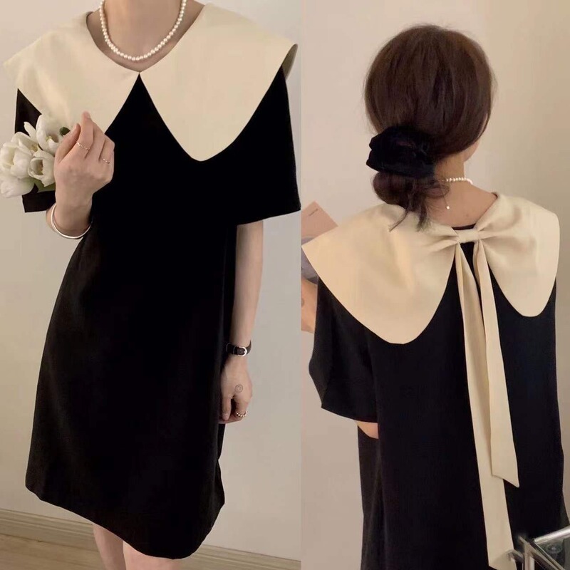 Niche Design Sense Contrast Color Doll Collar Bow Dress Women's 2024 Summer Loose Slimming Black Dress