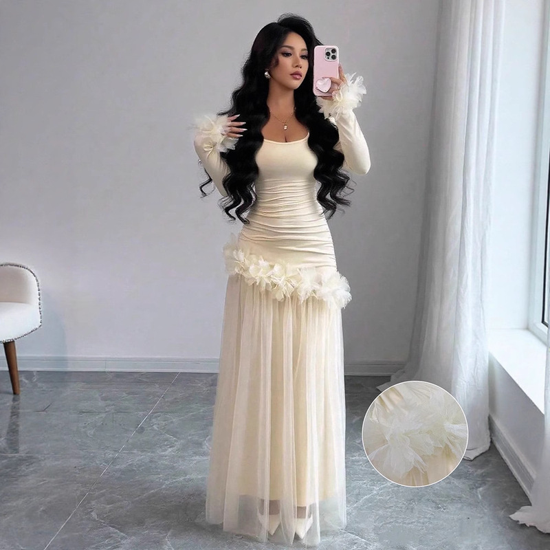 Amazon Spring & Fall New Gauze Skirt High-Waisted A-Line Slim Dress Fashionable Elegant Mesh Splicing Pure Color Long Skirt