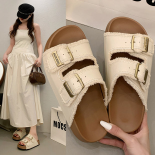 Fashion Flat Slippers for Women, 2025 Summer New Versatile Belt Buckle Casual Beach Slide Sandals