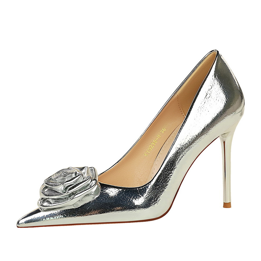 9236-H56 Banquet Women's Shoes High Heels Thin Heels Shallow Mouth Pointed Metallic Rose Blossoms Single Shoes High Heels