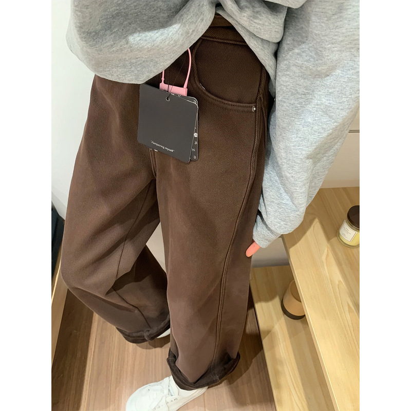 Maillard Brown Pants Straight-Leg Fleece-Lined Jeans for Women Plus Size Scimitar Pants for Fat mm Loose Slimming Look Wide-Leg Pants Maillard Brown Pants Straight-Leg Fleece-Lined Jeans for Women Plus Size Scimitar Pants for Fat mm Loose Slimming Look Wide-Leg Pants