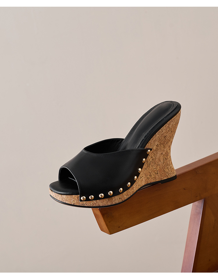 Sandal cao gót nữ hở mũi đế xuồng 11cm đinh tán — màu đen, màu trắng ngà chi tiết 19