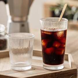 家用牛奶杯竖纹玻璃水杯多功能饮料杯花早餐简约咖啡杯透明网红杯