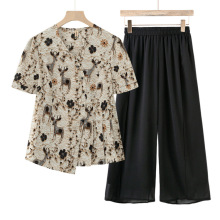 中年妈妈装夏装洋气雪纺小衫2025新款中老年夏季短袖T恤上衣套装