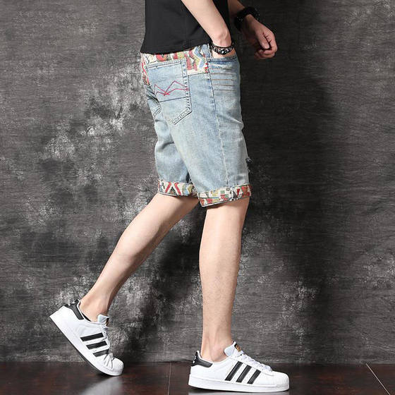 Summer New Embroidered Hole Denim Shorts Men's Light Luxury Trendy Brand Five-point Pants Korean Style Trendy Breeches Pants