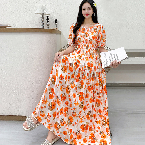 Cotton-linen chiffon French retro style summer short-sleeve floral maxi dress Bohemian pastoral style beach dress